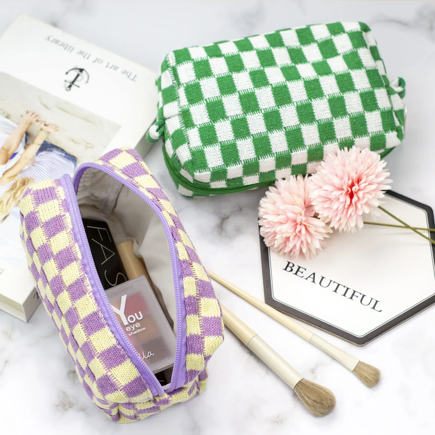 PAZIMIIK Checkered Makeup Bag for Purse Portable Zipper Make Up Pouch Small Cosmetic Case for Travel Accessories (2PCS Purple)