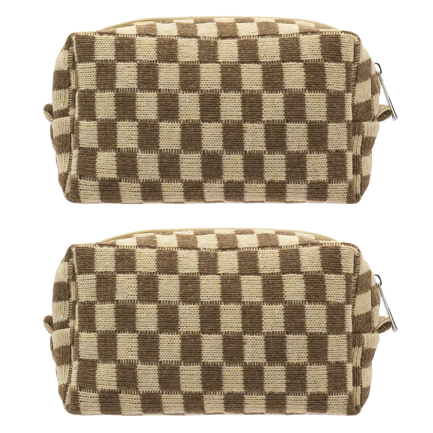 PAZIMIIK Checkered Makeup Bag for Purse Portable Zipper Make Up Pouch Small Cosmetic Case for Travel Accessories (2PCS Coffee)