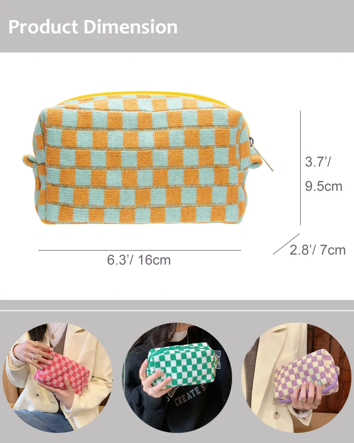 PAZIMIIK 2PCS Checkered Makeup Bag for Purse Portable Zipper Make Up Pouch Small Cosmetic Case for Travel Accessories Orange Green