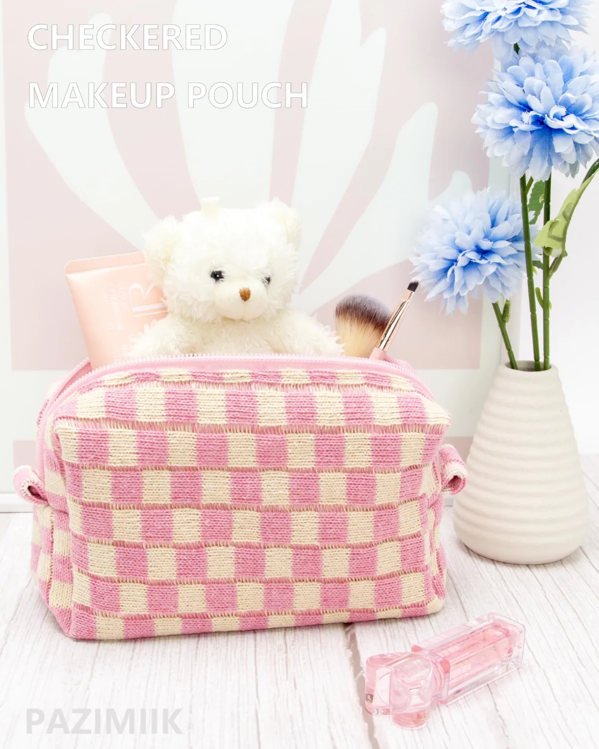 PAZIMIIK 2PCS Checkered Makeup Bag for Purse Portable Zipper Make Up Pouch Small Cosmetic Case for Travel Accessories Pink Beige