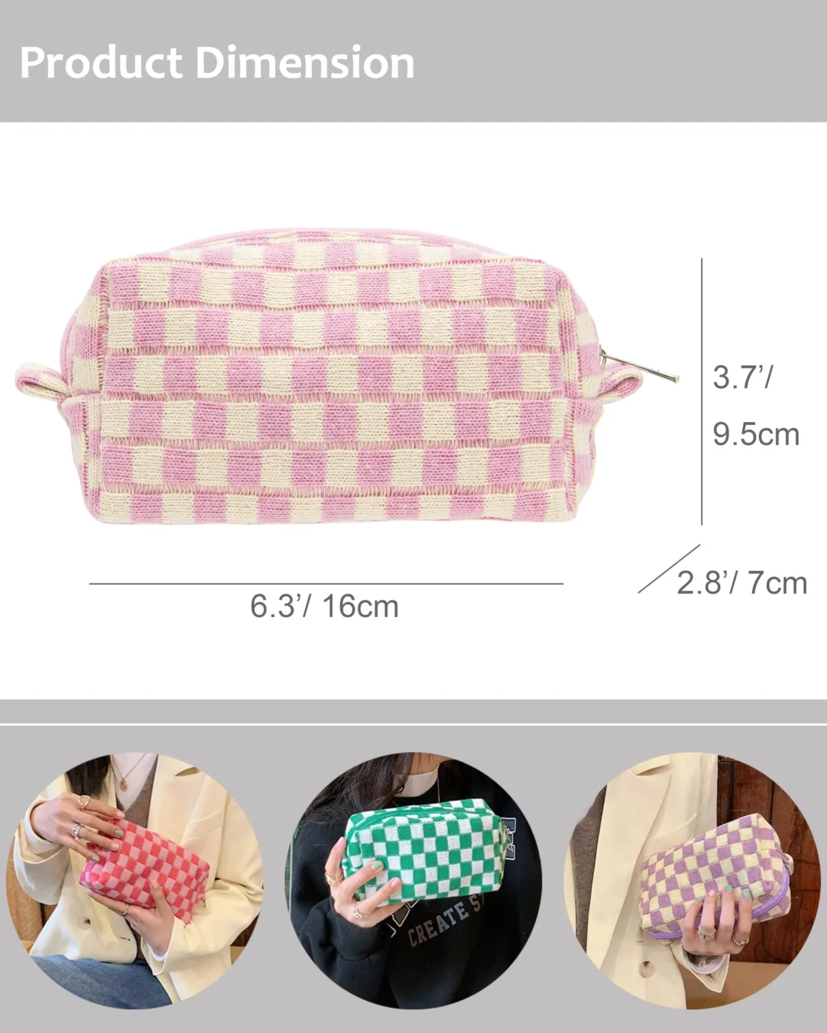PAZIMIIK 2PCS Checkered Makeup Bag for Purse Portable Zipper Make Up Pouch Small Cosmetic Case for Travel Accessories Pink Beige