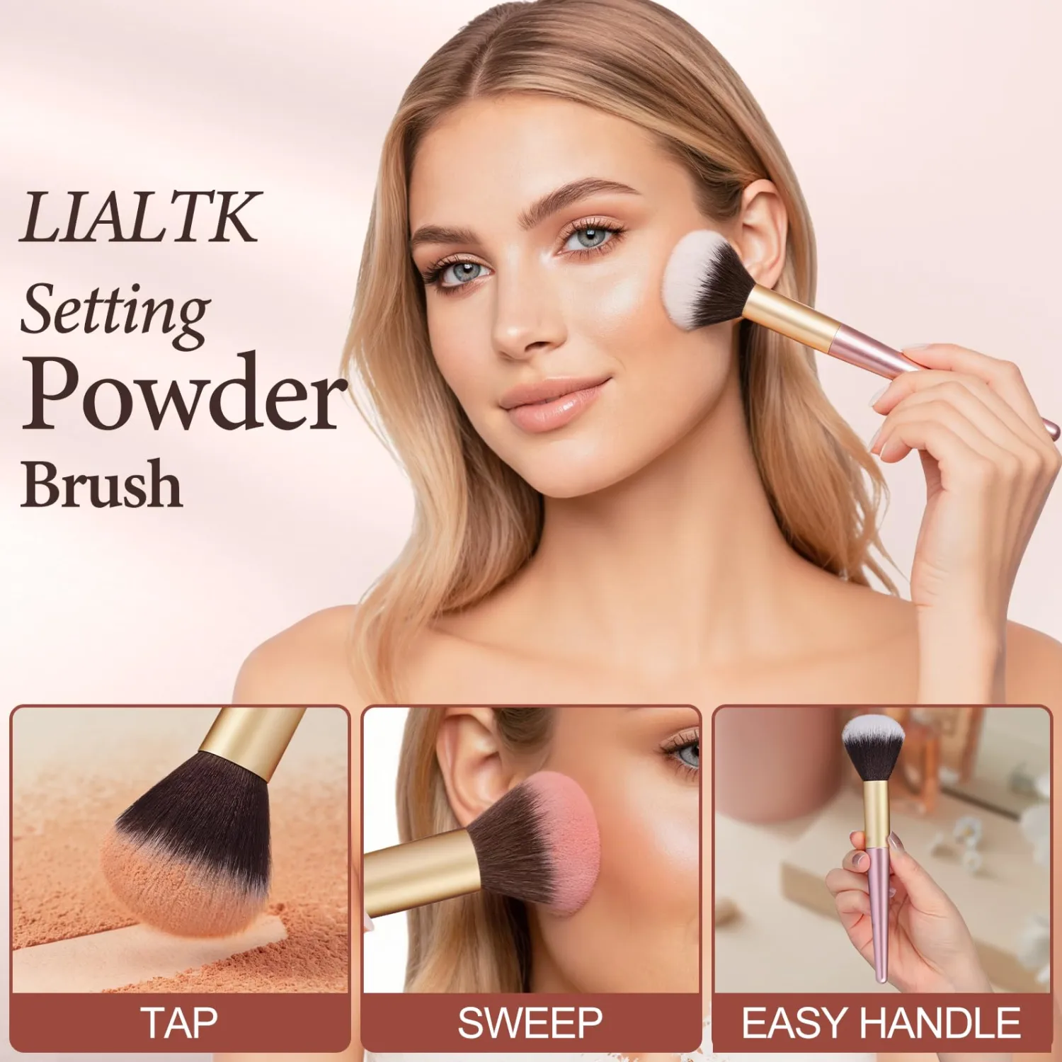 Premium Blush Brush - Dual-Fiber Soft Powder Brush for Setting Powder, Bronzer & Highlighter - Rose Gold Makeup Brush with Weighted Handle, Professional Grade, 7.09 inch (1 Piece)