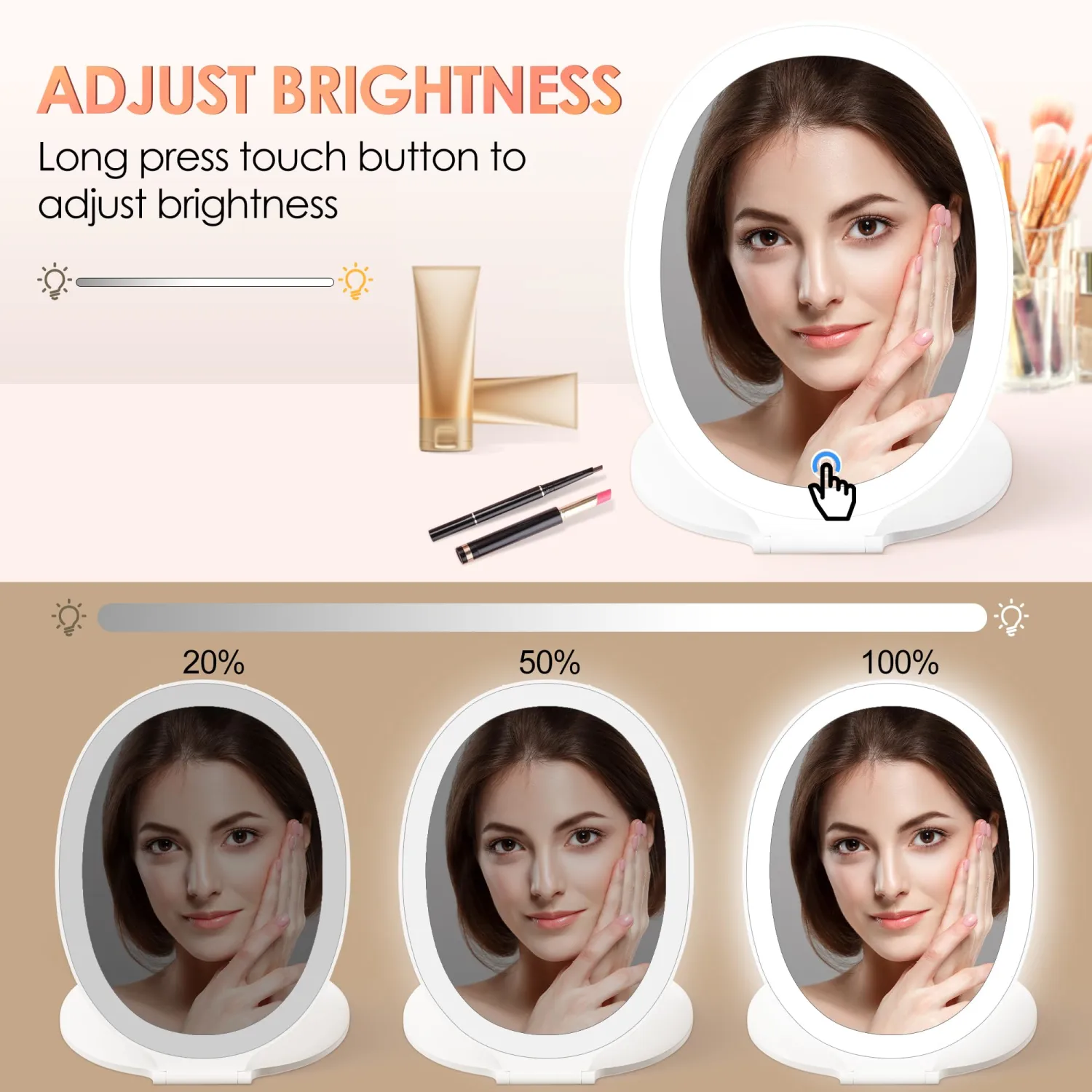 COSYGLOW Travel Makeup Mirror with Light: 3 Color Lighting Portable Mirror with Touch Screen Rechargeable Adjustable LED Lights Hexagon Vanity Mirror for Travel, Desk, Home (Round White)