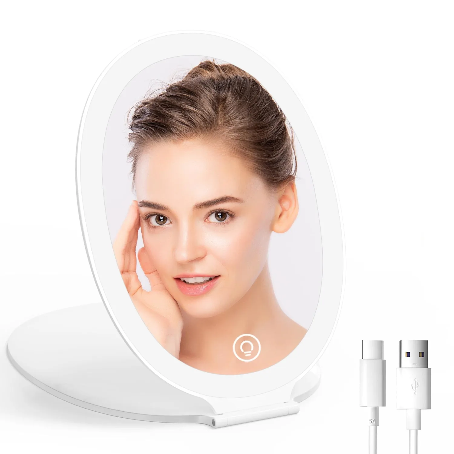 COSYGLOW Travel Makeup Mirror with Light: 3 Color Lighting Portable Mirror with Touch Screen Rechargeable Adjustable LED Lights Hexagon Vanity Mirror for Travel, Desk, Home (Round White)