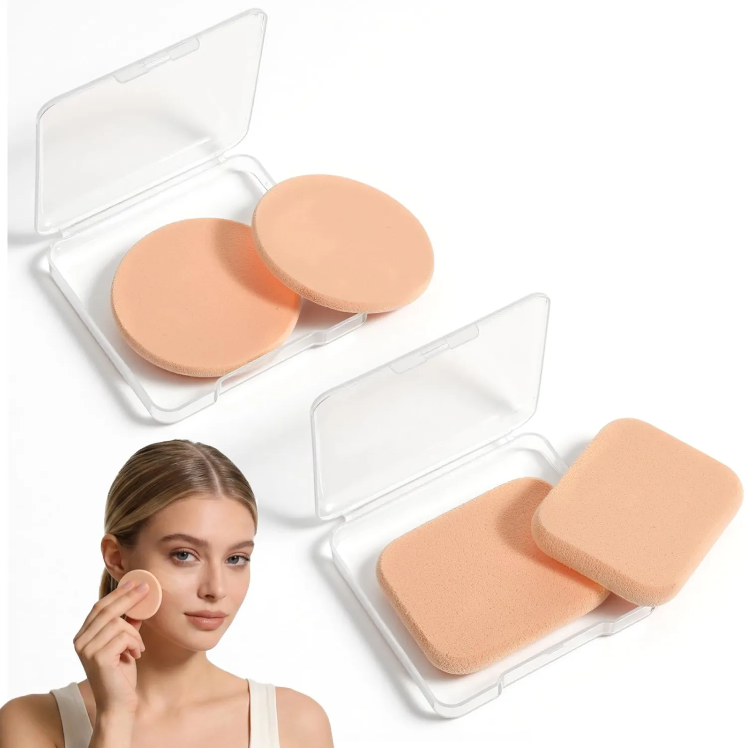 4pcs Round Makeup Sponges for Foundation with 2 Travel Cases Powders Puff Cosmetic Sponge Foundation Powders Makeup Cosmetic Sponge Pad Square Foam Pad for Liquid Foundations Cream Concealer
