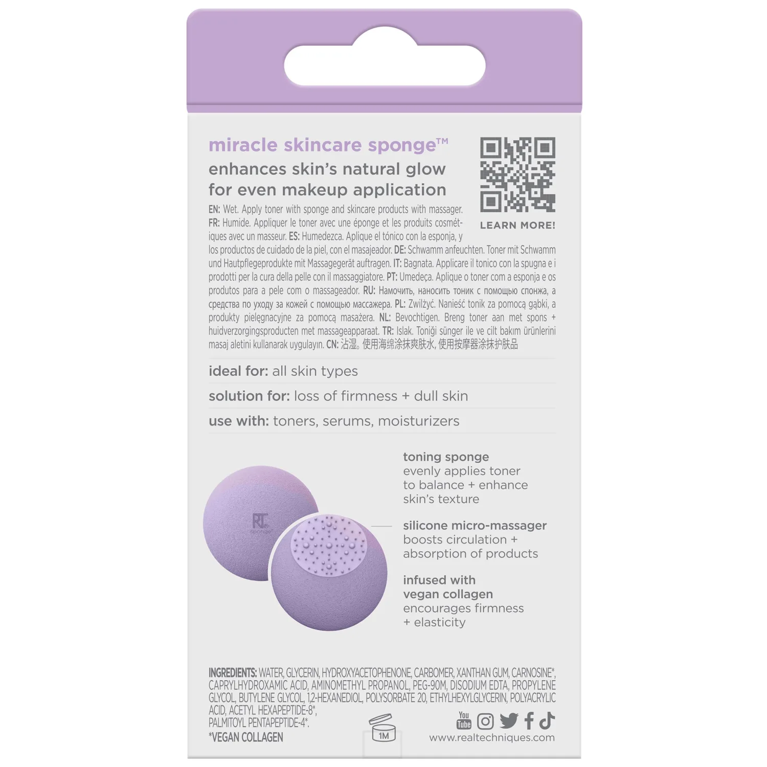 Real Techniques Miracle Skincare Sponge, Beauty Sponge Infused with Vegan Collagen, Reusable for Facial Serums & Moisturizers, Purple, Vegan & Cruelty Free, 2 Count