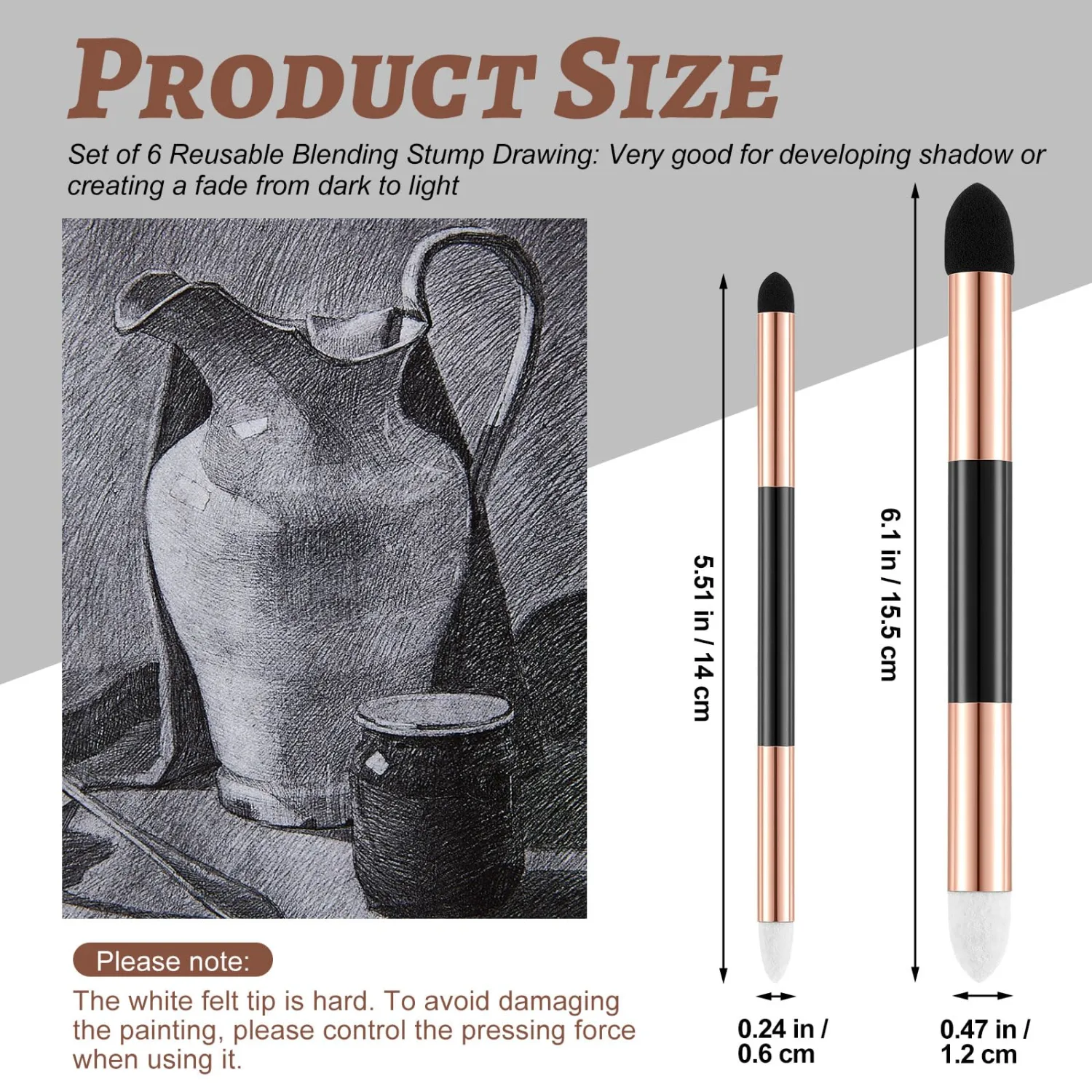 Kosiz 6 Pcs Blending Sponge Pen Double Headed Rub and Buff Washable Sketch Rubbing Sponge Brush Wipe Reusable Blending Stump Drawing Art Blenders for Artist Highlight Shadow Detail Tool (Gold)