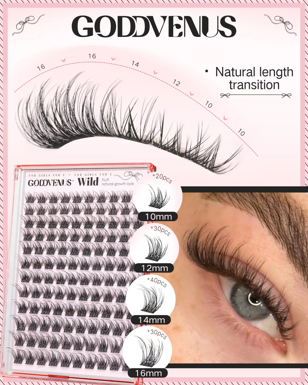 Goddvenus Natural Lash Clusters Wispy Eyelashes Clusters Fluffy Cluster Eyelash Extensions D Curl Individual Lash Extension 120pcs, 10-16mm False Eyelashes for DIY