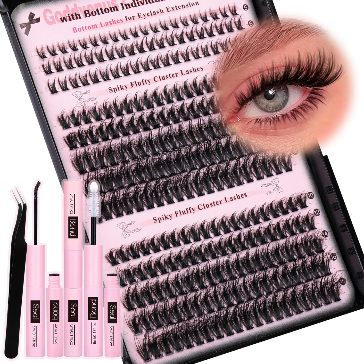 Goddvenus Wispy Lash Clusters Kit Cluster Eyelash Extensions Natural Lash Extension Kit C Curl Fluffy Individual Eyelashes with Bottom Lashes Clusters Waterproof Bond and Seal DIY at Home