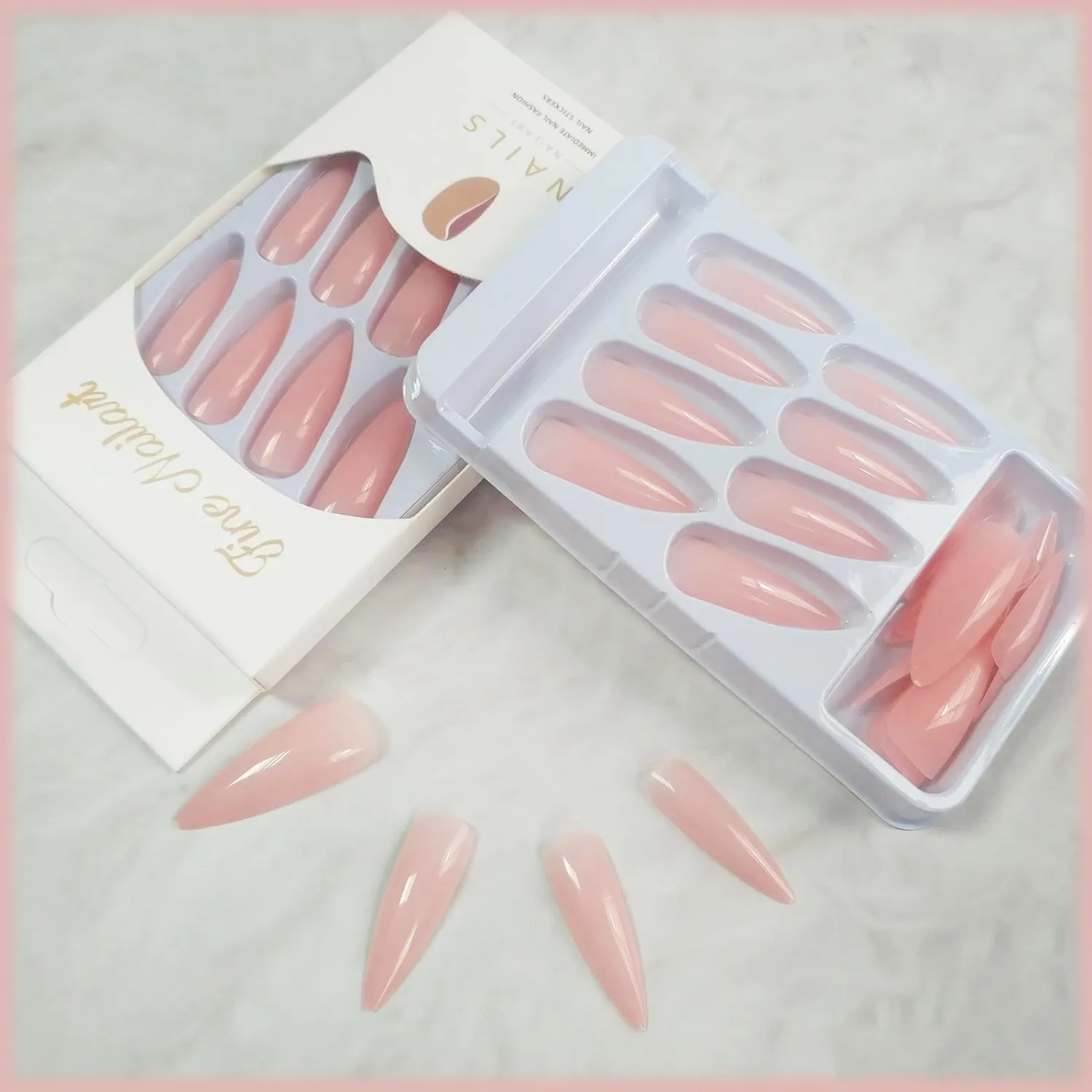 24pcs Stiletto Press-on Nails - Long, Glossy Light Pink, Solid Color Design, Stick-on Fake Nails with Gel Glue for Coquette Women & Girls