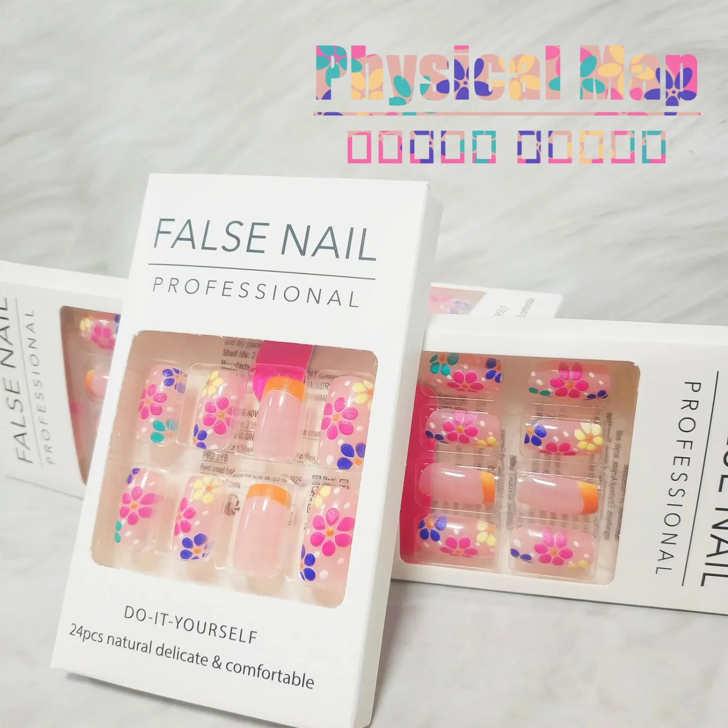 French Tips Short Square Press on Nails with Flower Stereoscopic Embossed Design, Glossy Nude False Nails Gel Glue on Nails, Relief Manicure Art Fake Nails Stick on Nails for Coquette Women Girls