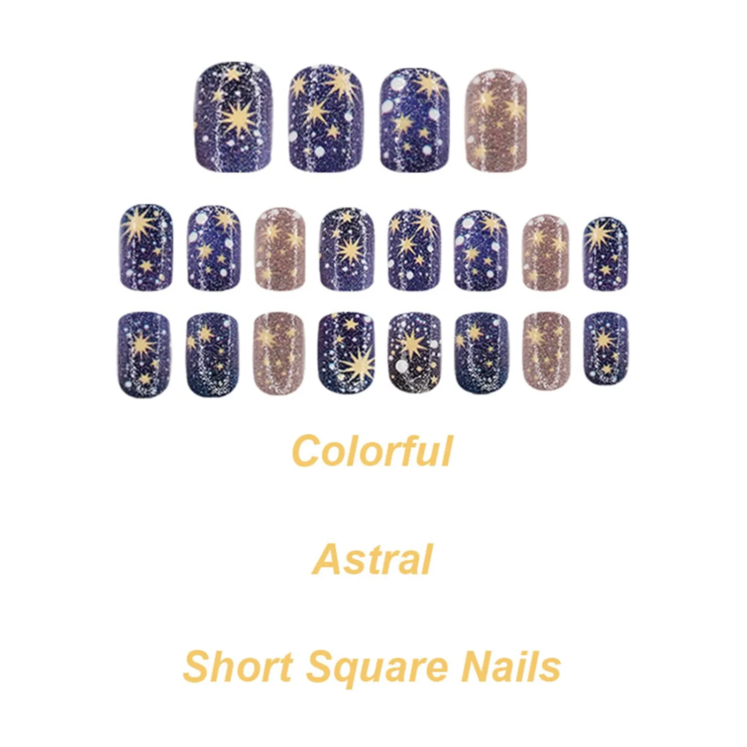 24Pcs Stars Press on Nails Starry Sky Stick on Fingernails Milky Way Acrylic Short Square Fake Nail Glossy Blue Gradient False Nails Universe Gel Glue on Nail for Coquette Women Girls