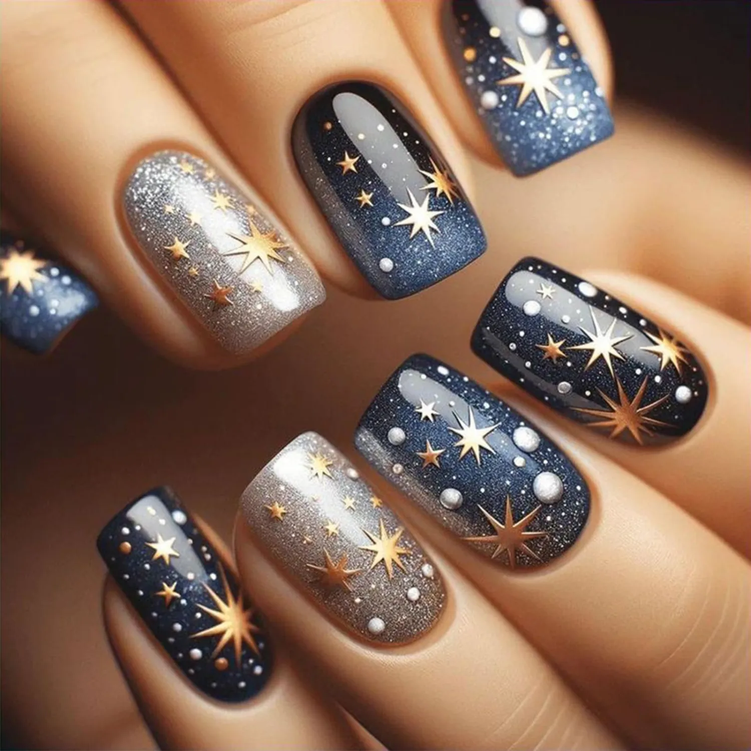 24Pcs Stars Press on Nails Starry Sky Stick on Fingernails Milky Way Acrylic Short Square Fake Nail Glossy Blue Gradient False Nails Universe Gel Glue on Nail for Coquette Women Girls