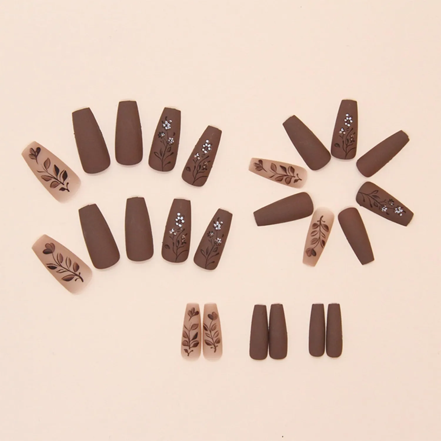 Brown Rose Press on Nails Medium Coffin Valentines Acrylic Fake Nails 24Pcs Glossy White Flower False Nails Leaves Stick on Nails Valentine's Day Gift Gel Glue on Nails for Women Girls