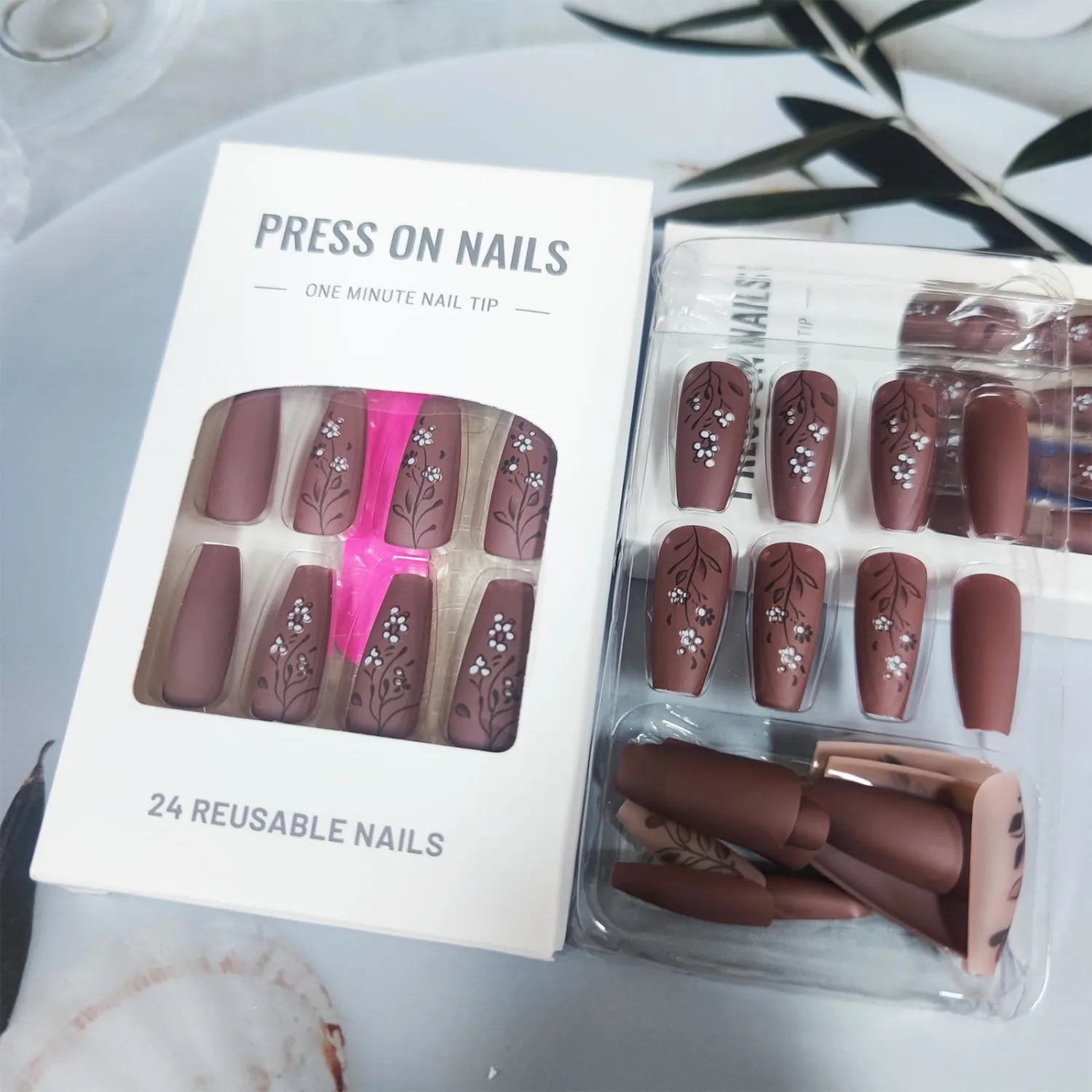 Brown Rose Press on Nails Medium Coffin Valentines Acrylic Fake Nails 24Pcs Glossy White Flower False Nails Leaves Stick on Nails Valentine's Day Gift Gel Glue on Nails for Women Girls