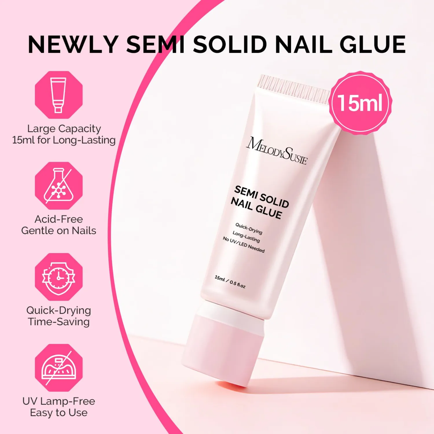 MelodySusie 2PCS Super Strong Nail Glue, Semi Solid Nail Glue Press On Nails, Quick Drying, No UV Lamp Needed, Long Lasting, Nail Glues DIY Home Salon Manicure 15ml