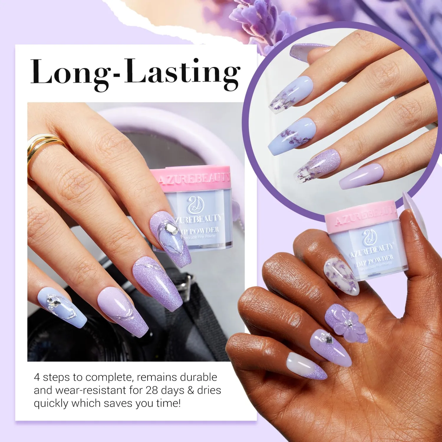 AZUREBEAUTY Purple Twilight Bloom Dip Powder Nail Kit Starter with Base, Top Coat, Activator, Spring Summer Dried Flowers for French Nails Art Manicure DIY Salon