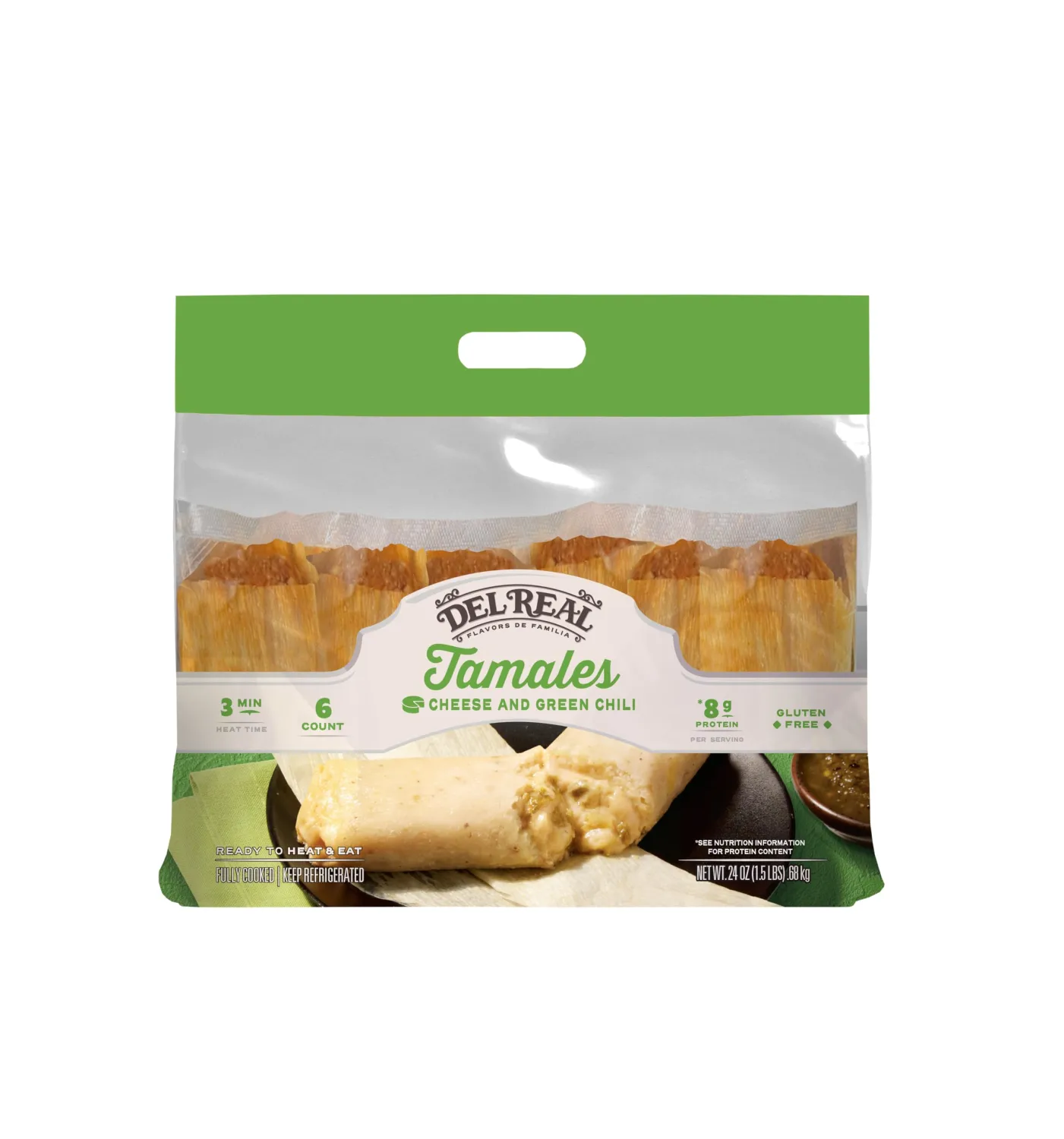 Del Real Foods Cheese & Green Chile Tamales, 24 oz (6 ct) - Authentic Mexican Tamales, Heat & Serve in ~1 Minute, Gluten-Free Diet Type – Family Dinner & Holiday Favorite