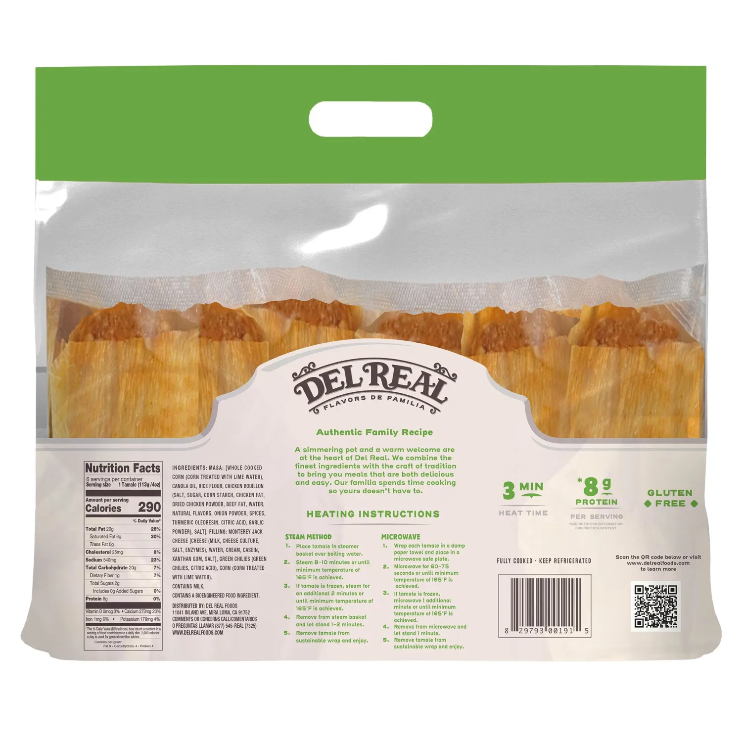Del Real Foods Cheese & Green Chile Tamales, 24 oz (6 ct) - Authentic Mexican Tamales, Heat & Serve in ~1 Minute, Gluten-Free Diet Type – Family Dinner & Holiday Favorite