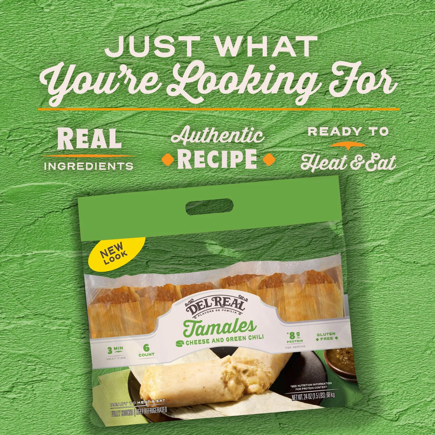 Del Real Foods Cheese & Green Chile Tamales, 24 oz (6 ct) - Authentic Mexican Tamales, Heat & Serve in ~1 Minute, Gluten-Free Diet Type – Family Dinner & Holiday Favorite
