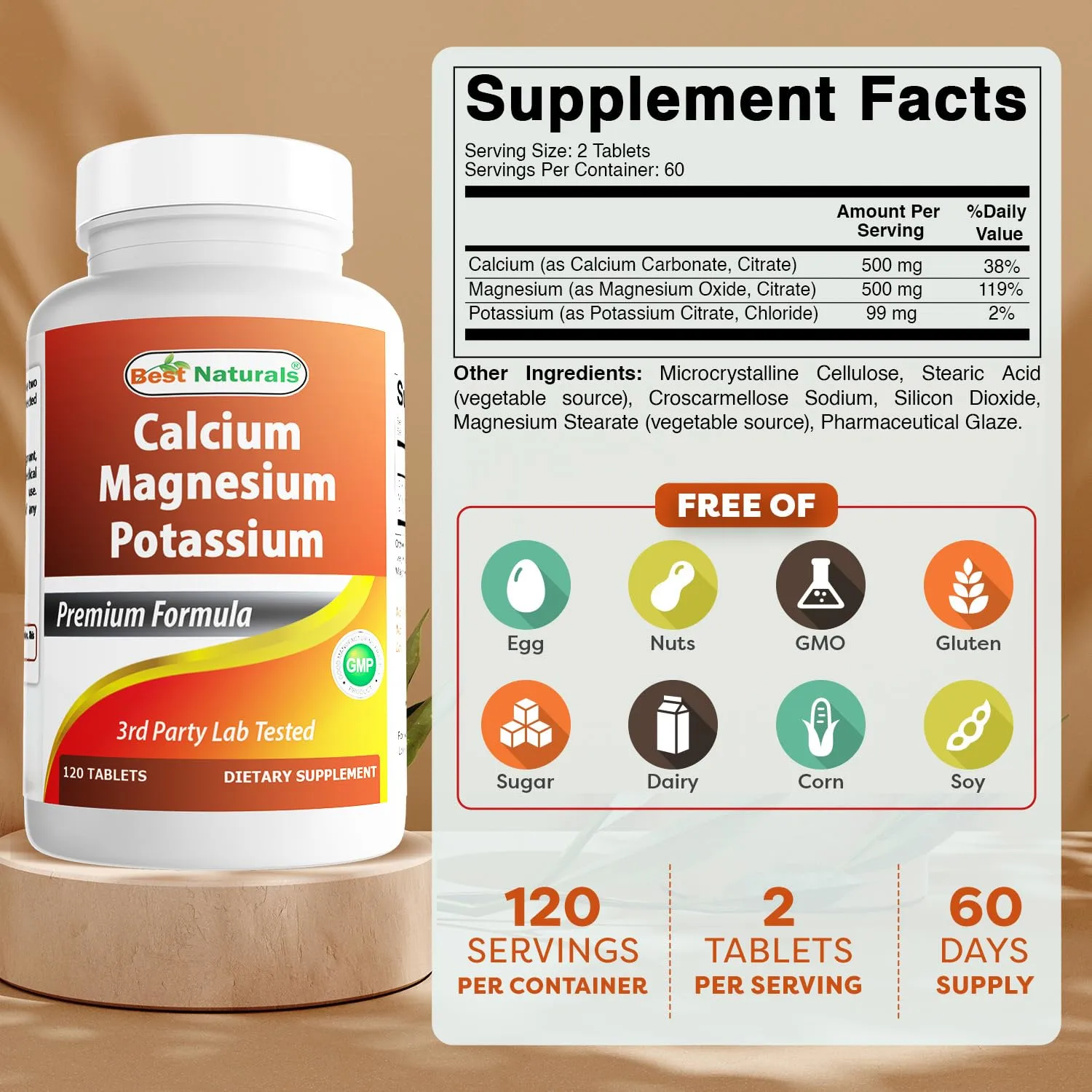Best Naturals Calcium Magnesium Potassium - 120 Tablets - Non-GMO & Gluten Free