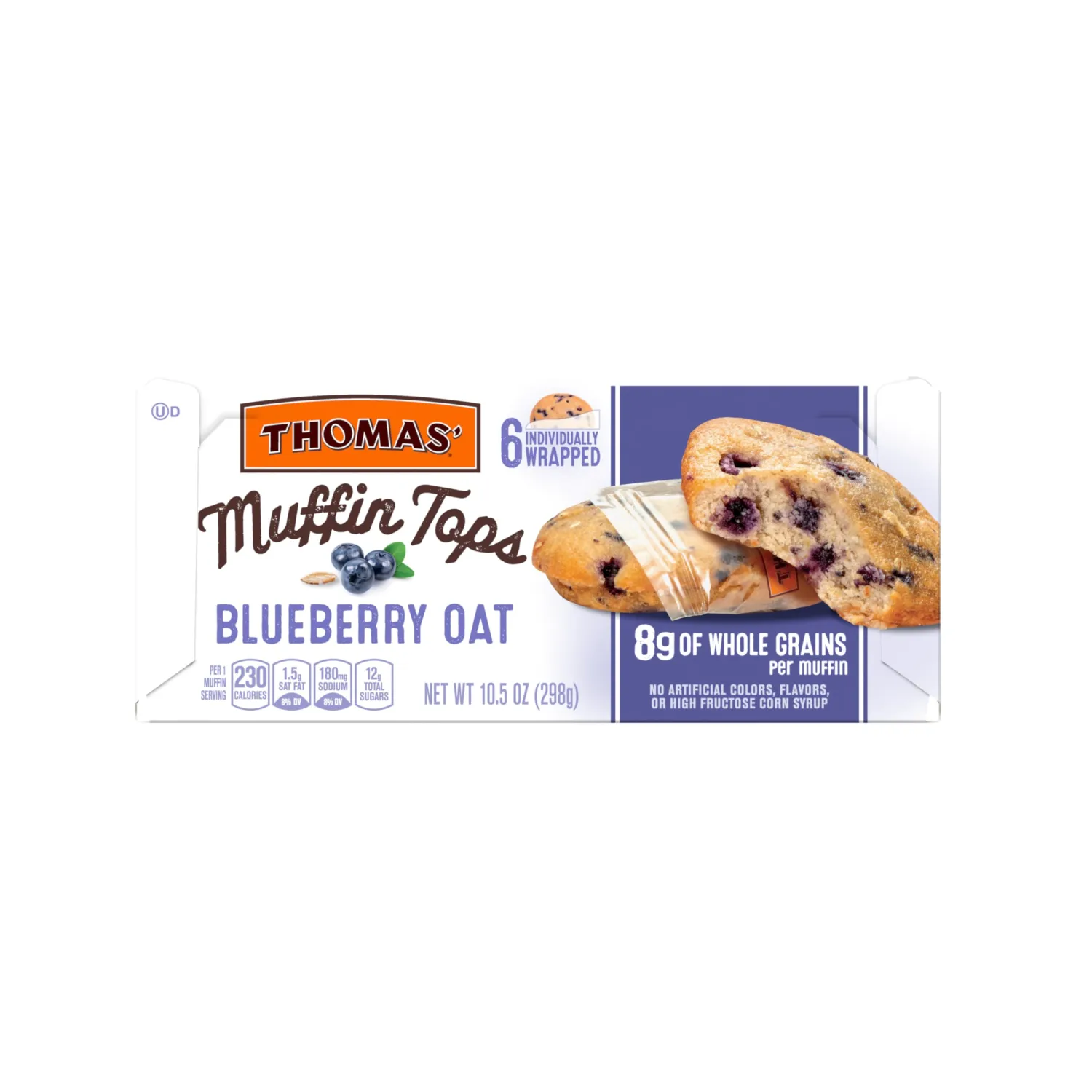 Thomas' Blueberry Oat Muffin Tops, 6 Muffin Tops with No High Fructose Corn Syrup, 10.5 Oz Package