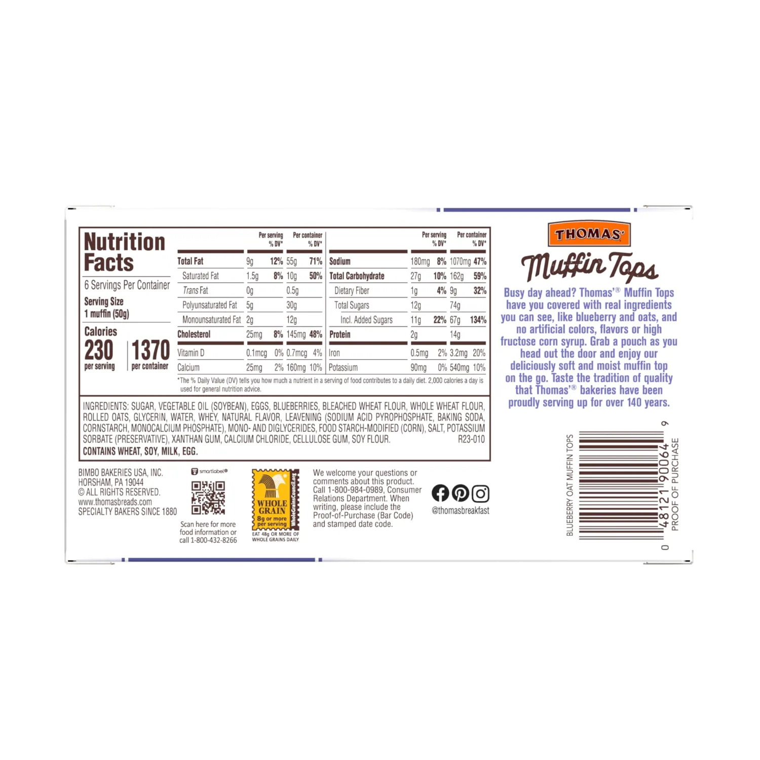 Thomas' Blueberry Oat Muffin Tops, 6 Muffin Tops with No High Fructose Corn Syrup, 10.5 Oz Package
