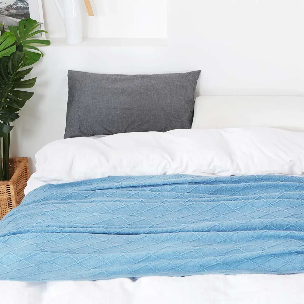 BOURINA Blue Throw Blanket 60x80 Inches Throw Textured Solid Soft Sofa Throw Couch Knitted Decorative Blanket