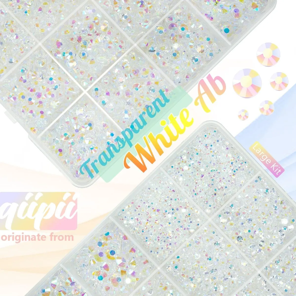 qiipii Transparent AB Resin Rhinestones w B7000 Glue for Bedazzling Crafting 2mm-6mm Clear White AB Flatback Jelly Stones Diamonds Gems Bedazzler Kit Charms for Nails Face Makeup Tumblers DIY Crafts