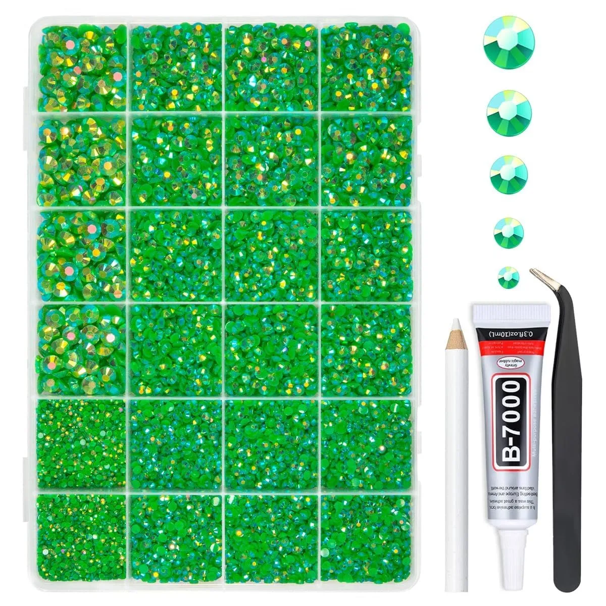 qiipii Green AB Resin Rhinestones w B7000 Jewelry Glue for Bedazzling Crafting 2mm-6mm Flatback Jelly Stones Diamonds Gems Bedazzler Kit Charms for Nails Face Eyes Makeup Tumblers Bottles Crafts Shoes