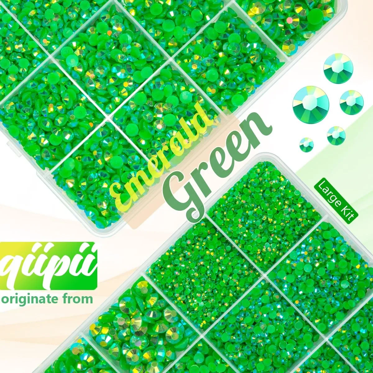 qiipii Green AB Resin Rhinestones w B7000 Jewelry Glue for Bedazzling Crafting 2mm-6mm Flatback Jelly Stones Diamonds Gems Bedazzler Kit Charms for Nails Face Eyes Makeup Tumblers Bottles Crafts Shoes
