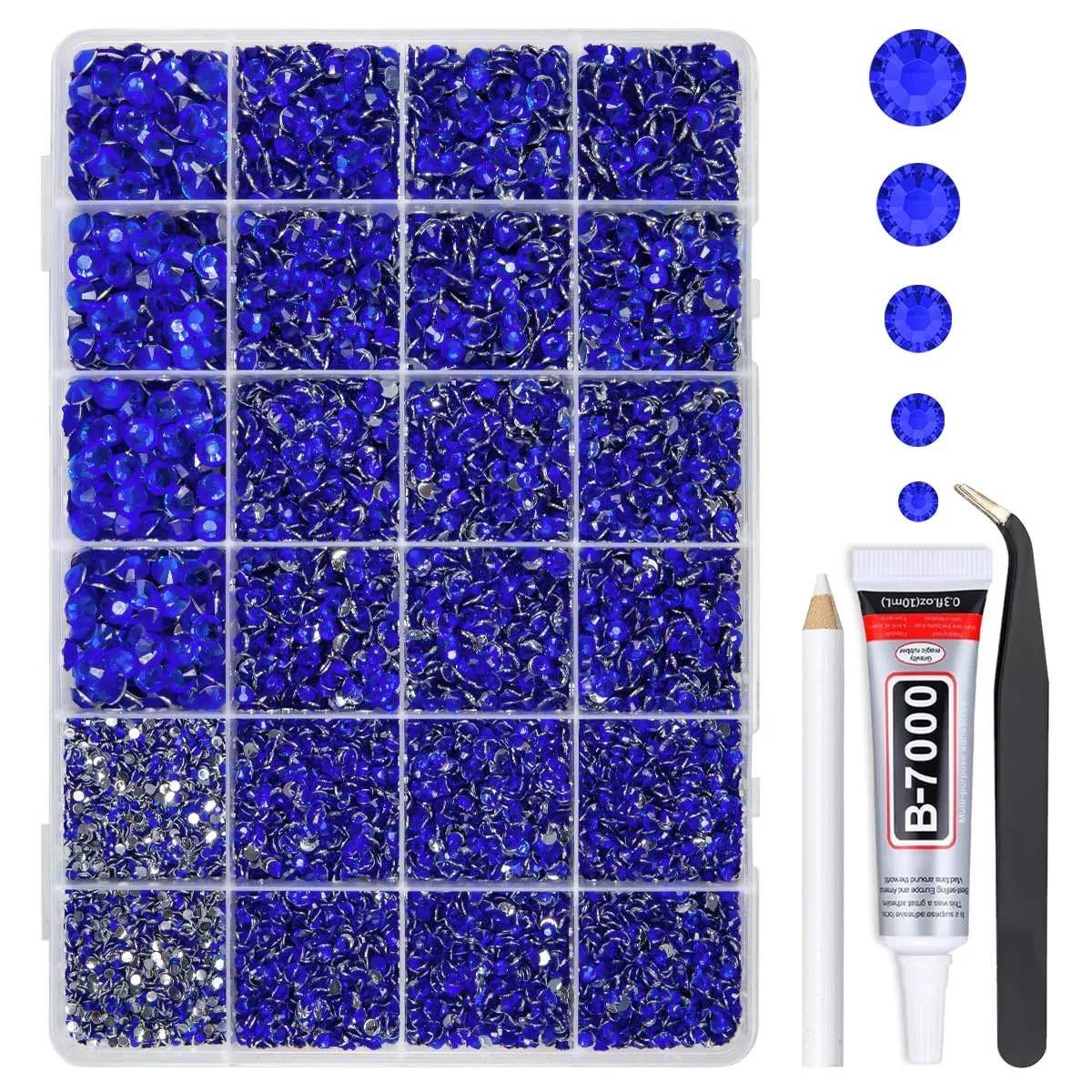 qiipii Dark Blue Crystal Resin Rhinestones w B7000 Glue for Bedazzling Crafting 2mm-6mm Sapphire Flatback Stones Diamonds Crystals Gems Bedazzler Kit for Nails Face Eyes Makeup Tumblers Bottles Crafts
