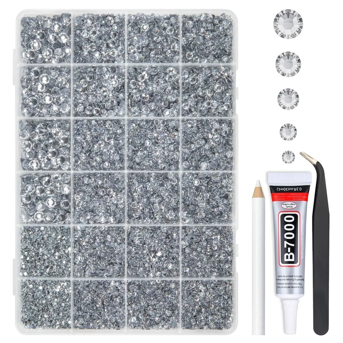 qiipii Silver Clear Resin Rhinestones w B7000 Glue for Bedazzling Crafting 2mm-6mm Crystal White Flatback Stones Diamonds Crystals Gems Bedazzler Kit for Nails Face Eyes Makeup Tumblers Crafts Shoes