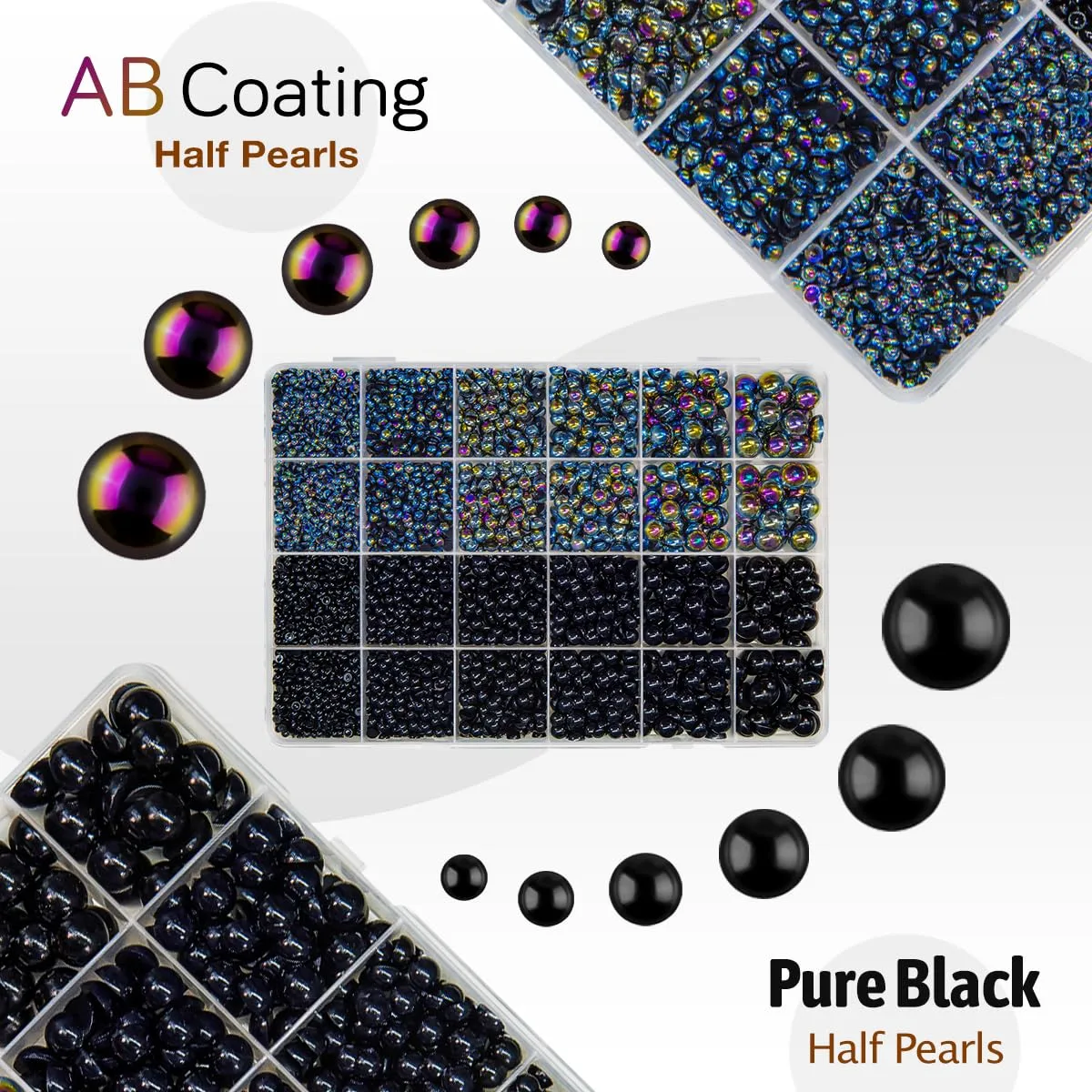 qiipii 2 Styles Solid Black +Black AB Flatback Pearls w B7000 Glue for Bedazzling Crafting 3mm-10mm Half Round Beads Gems Bedazzler Kit for Nails Face Eyes Makeup Tumblers Bottles Crafts Shoes Phones