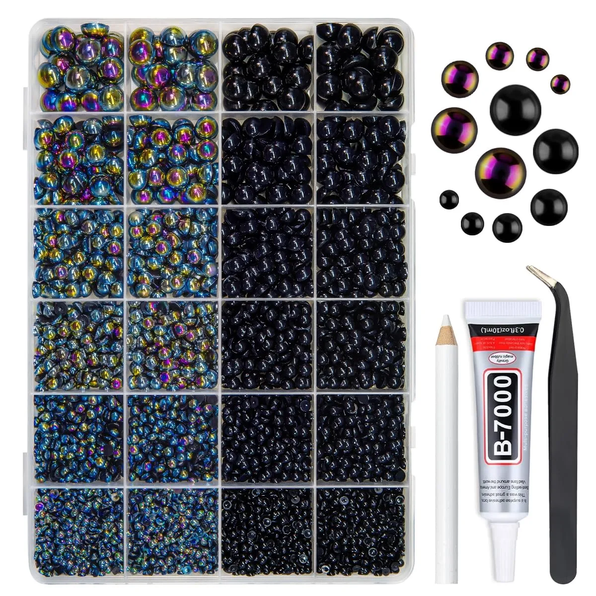 qiipii 2 Styles Solid Black +Black AB Flatback Pearls w B7000 Glue for Bedazzling Crafting 3mm-10mm Half Round Beads Gems Bedazzler Kit for Nails Face Eyes Makeup Tumblers Bottles Crafts Shoes Phones