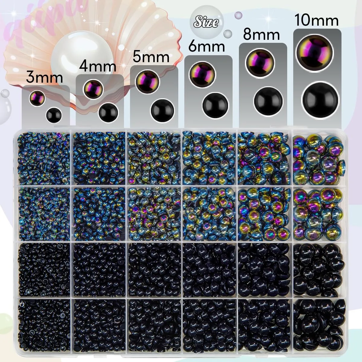qiipii 2 Styles Solid Black +Black AB Flatback Pearls w B7000 Glue for Bedazzling Crafting 3mm-10mm Half Round Beads Gems Bedazzler Kit for Nails Face Eyes Makeup Tumblers Bottles Crafts Shoes Phones