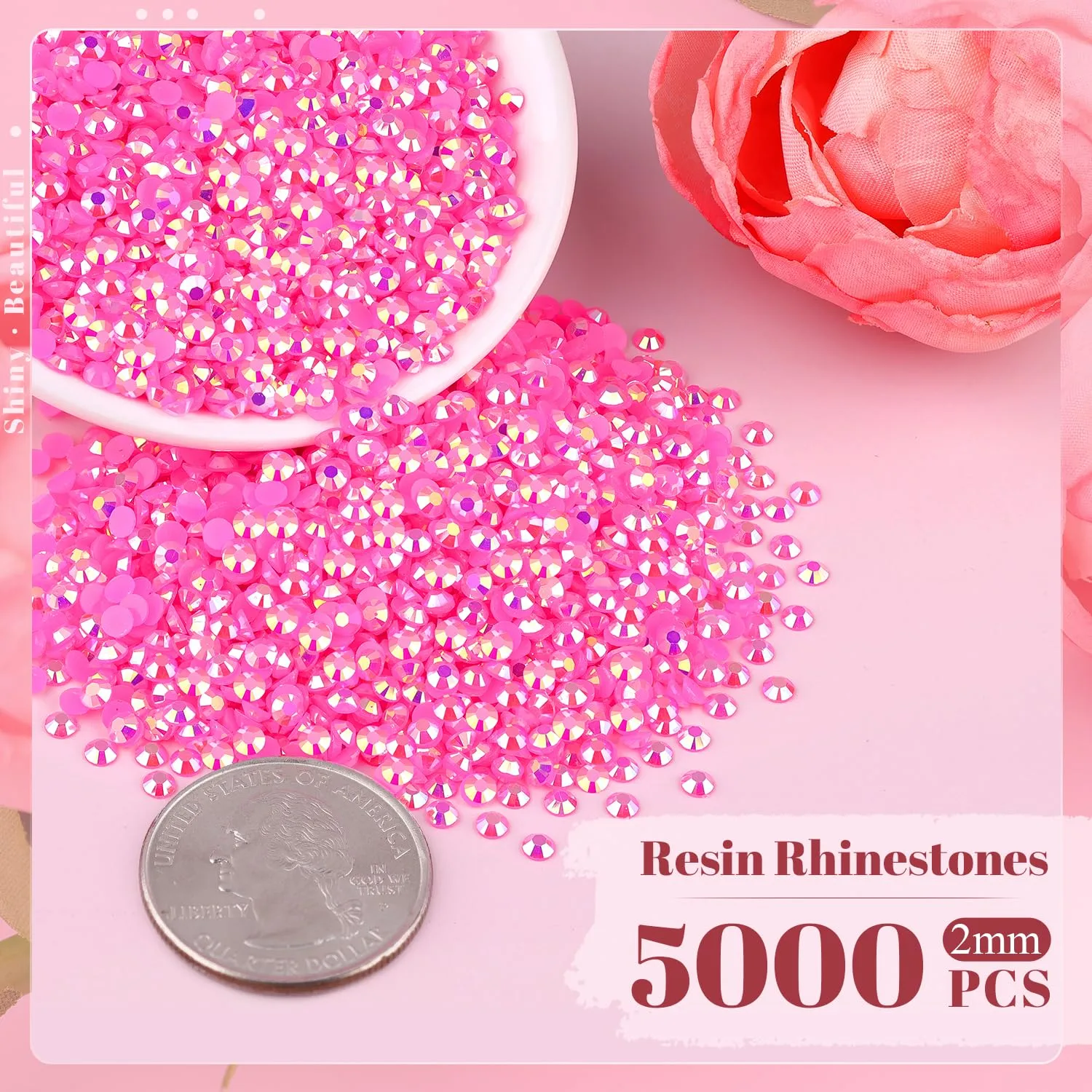 5000PCS 2mm Resin Jelly Rhinestones in Bulk (Hot Pink AB), Bedazzling Flatback Crystals Rhinestones for Crafting DIY Nail Decoration, Gems Diomand Charms for Tumbler Shoes Clothing Fabric