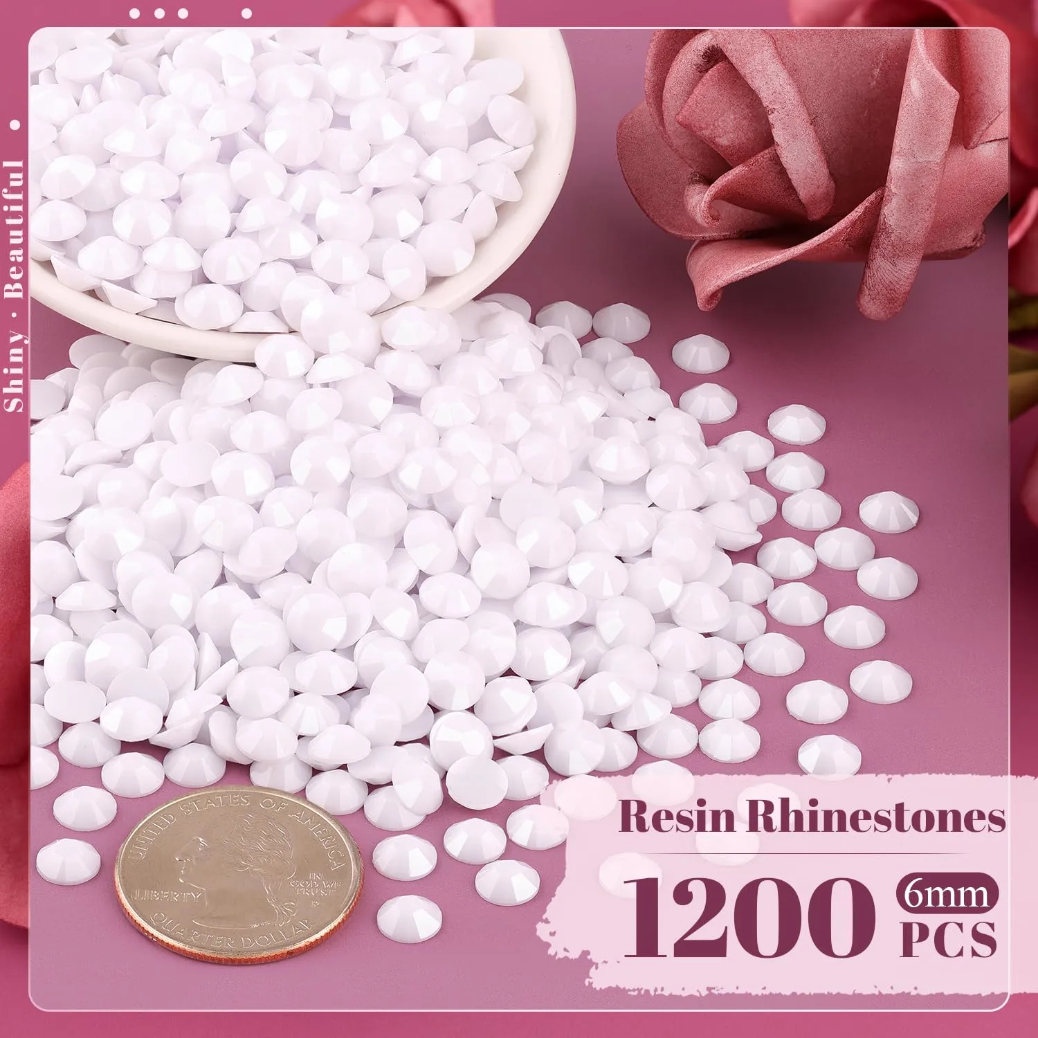 1200PCS 6mm Resin Rhinestones in Bulk (White), Bedazzling Flatback Crystals for Crafts DIY Nail Decoration, Gems Charms for Tumbler Shoes Clothing Fabric with Pickup Pen and Tweezers
