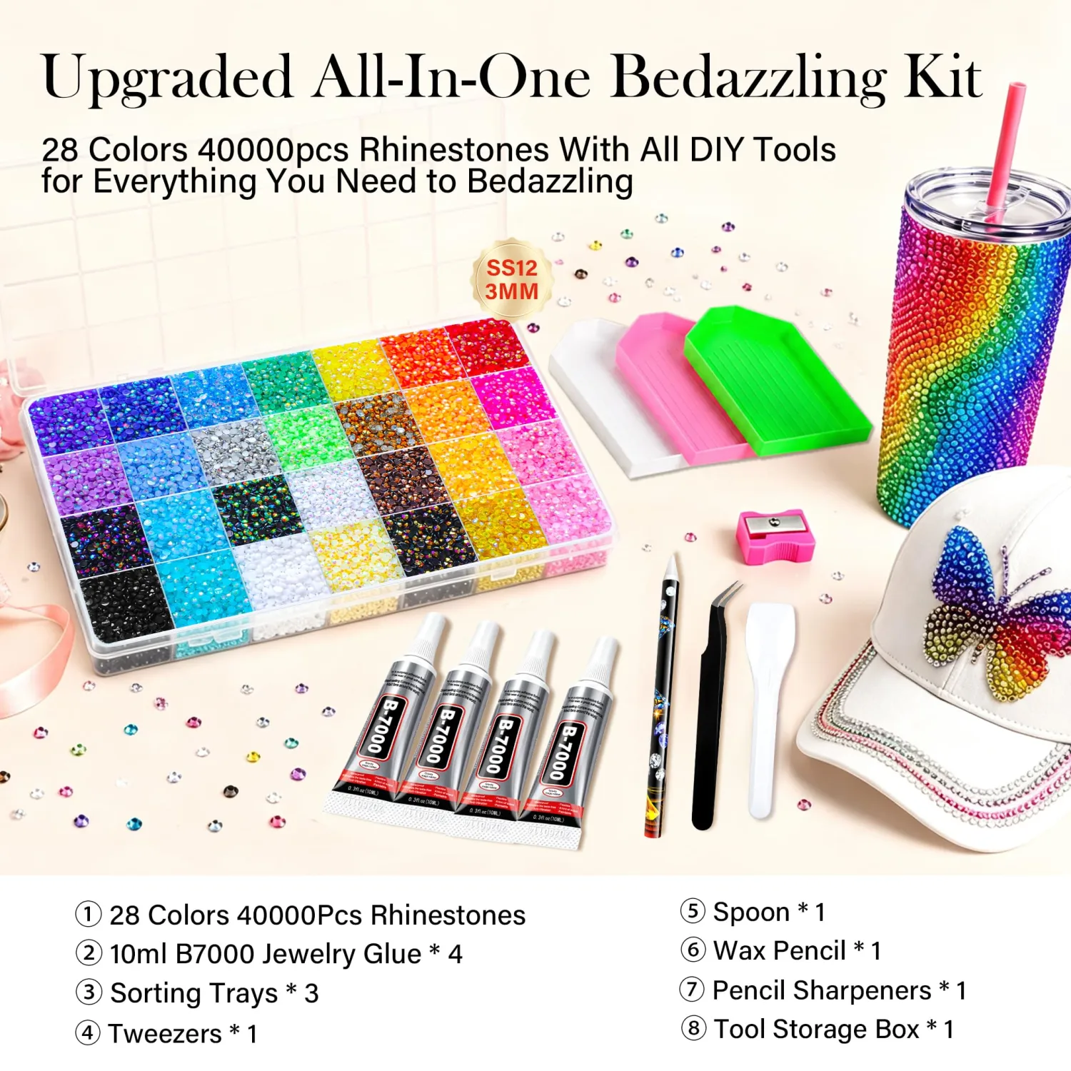 40000Pcs Jelly Rhinestones for Bedazzling Kit, 3mm 28 Colors Resin Flatback Gems with 4 Pcs 10ml B7000 Jewelry Glue & All Tools, Bedazzler Kit for Nail Art, Clothing & DIY Crafts Gifts