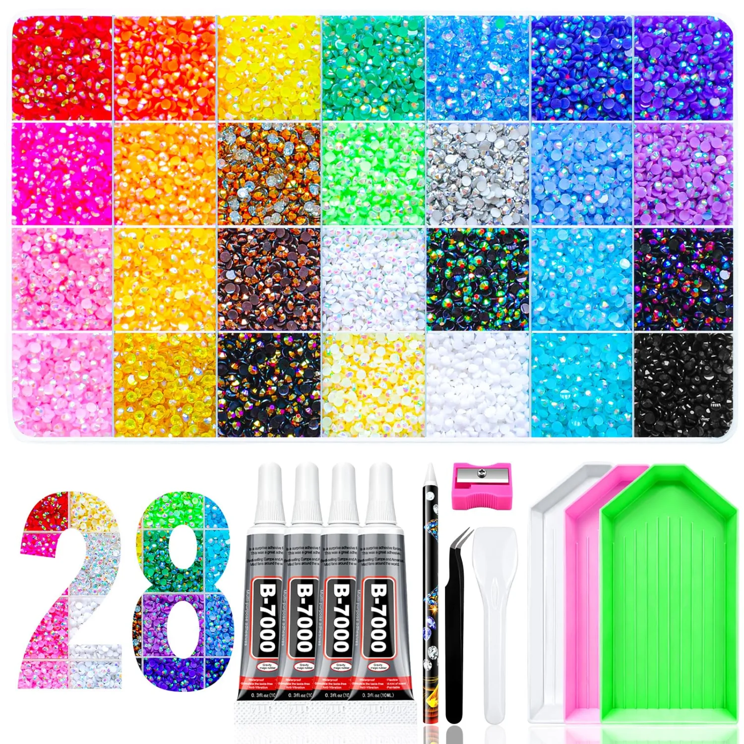 40000Pcs Jelly Rhinestones for Bedazzling Kit, 3mm 28 Colors Resin Flatback Gems with 4 Pcs 10ml B7000 Jewelry Glue & All Tools, Bedazzler Kit for Nail Art, Clothing & DIY Crafts Gifts