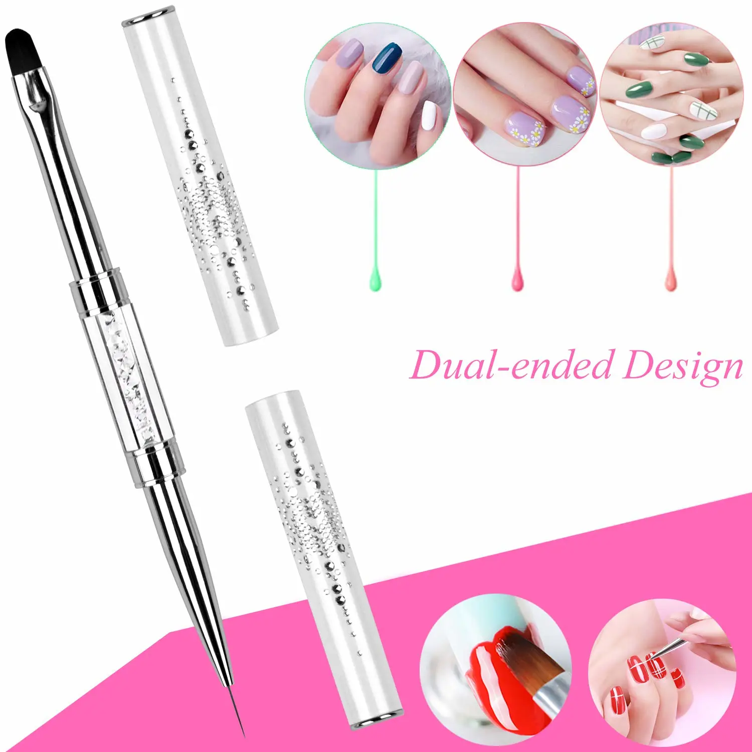 1Pcs Dual-ended UV Builder Gel Nail Brush Rhinestone Handle Nail Art Liner Brush Polygel Hard Gel Nail Brushes White