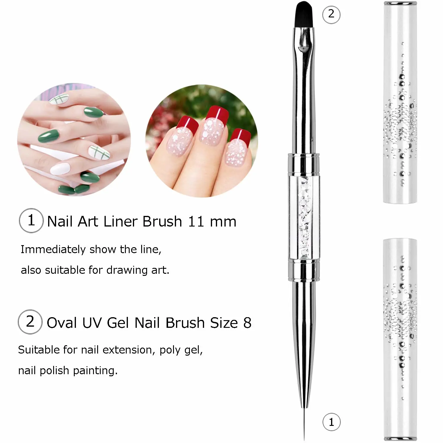 1Pcs Dual-ended UV Builder Gel Nail Brush Rhinestone Handle Nail Art Liner Brush Polygel Hard Gel Nail Brushes White
