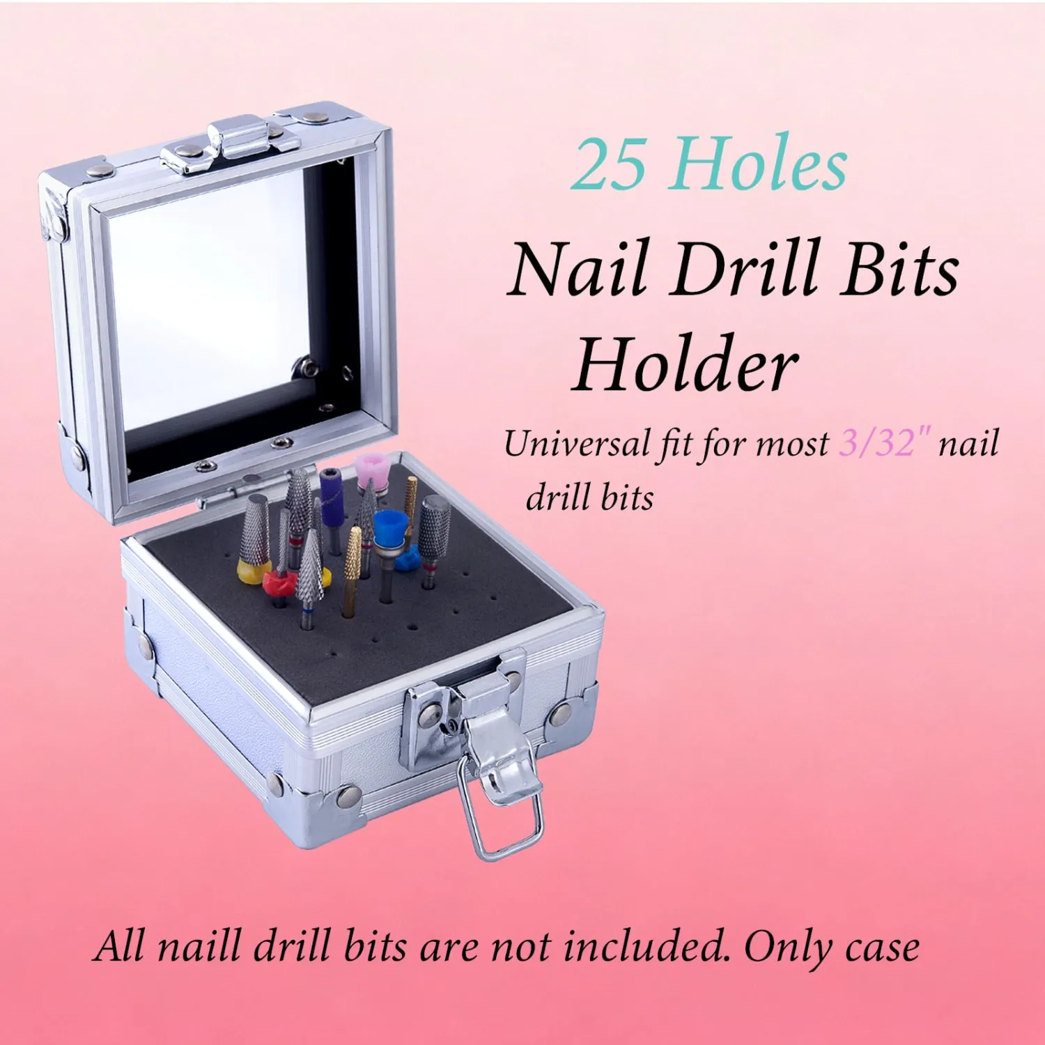 Nail Drill Bit Holder Case, 25 Holes Portable Efile Bit Organizer Dustproof Display Storage Container,Professional Manicure Tech Art Tool for Salon Home Travel,Silver (Not With Nail Bits)