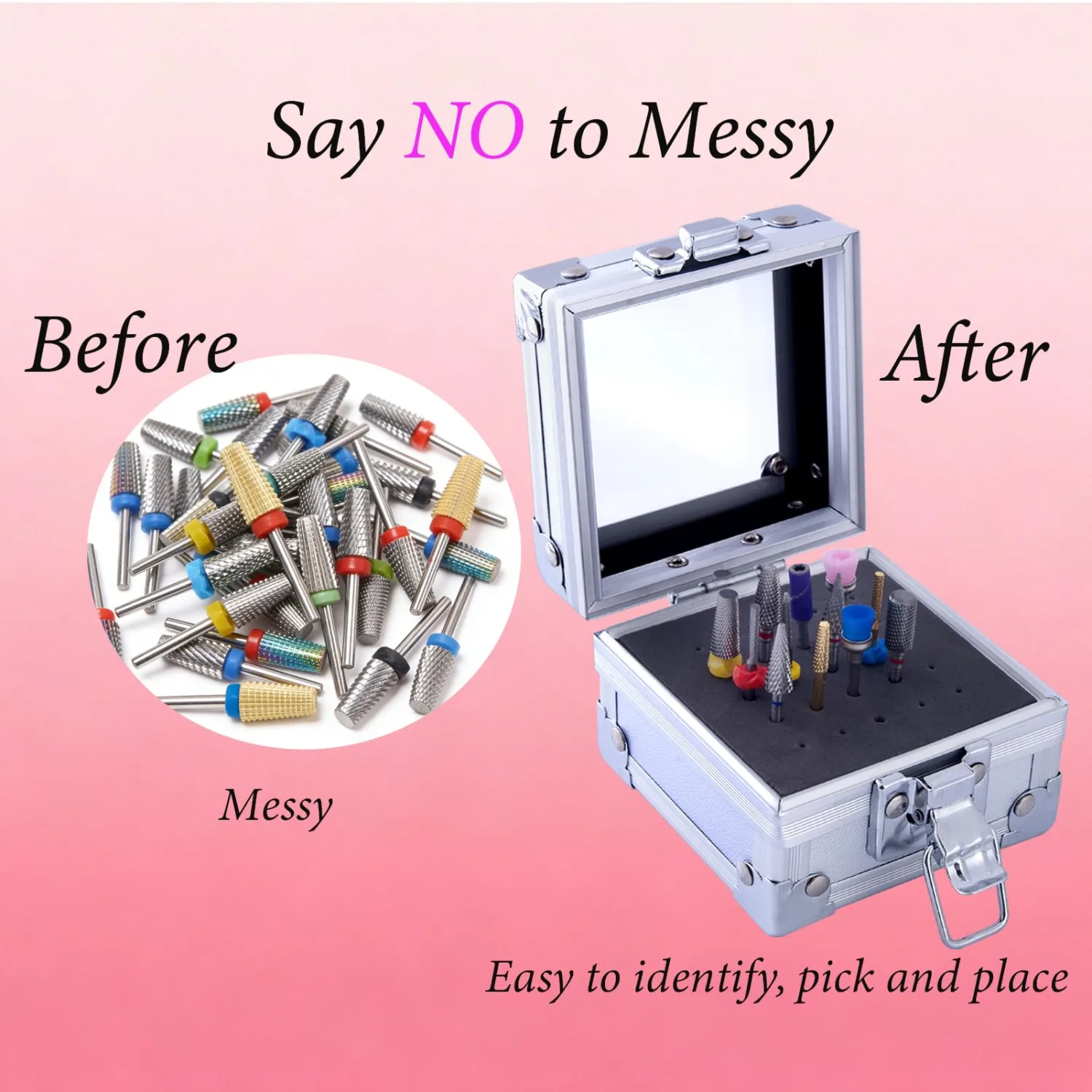 Nail Drill Bit Holder Case, 25 Holes Portable Efile Bit Organizer Dustproof Display Storage Container,Professional Manicure Tech Art Tool for Salon Home Travel,Silver (Not With Nail Bits)