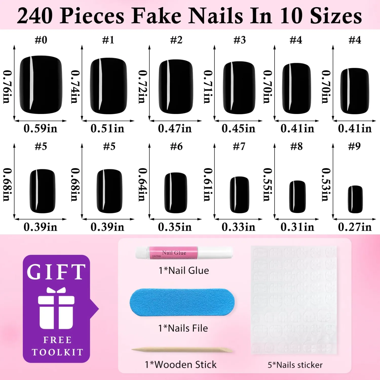 240pc Black Press on Nails Short Square Fake Nails with Glue & Tab, Black Nails Press ons Nail Square Glue on Nail Short Medium Presson Acrylic Nail Tips False Stick Nail Women Artificial Fingernail