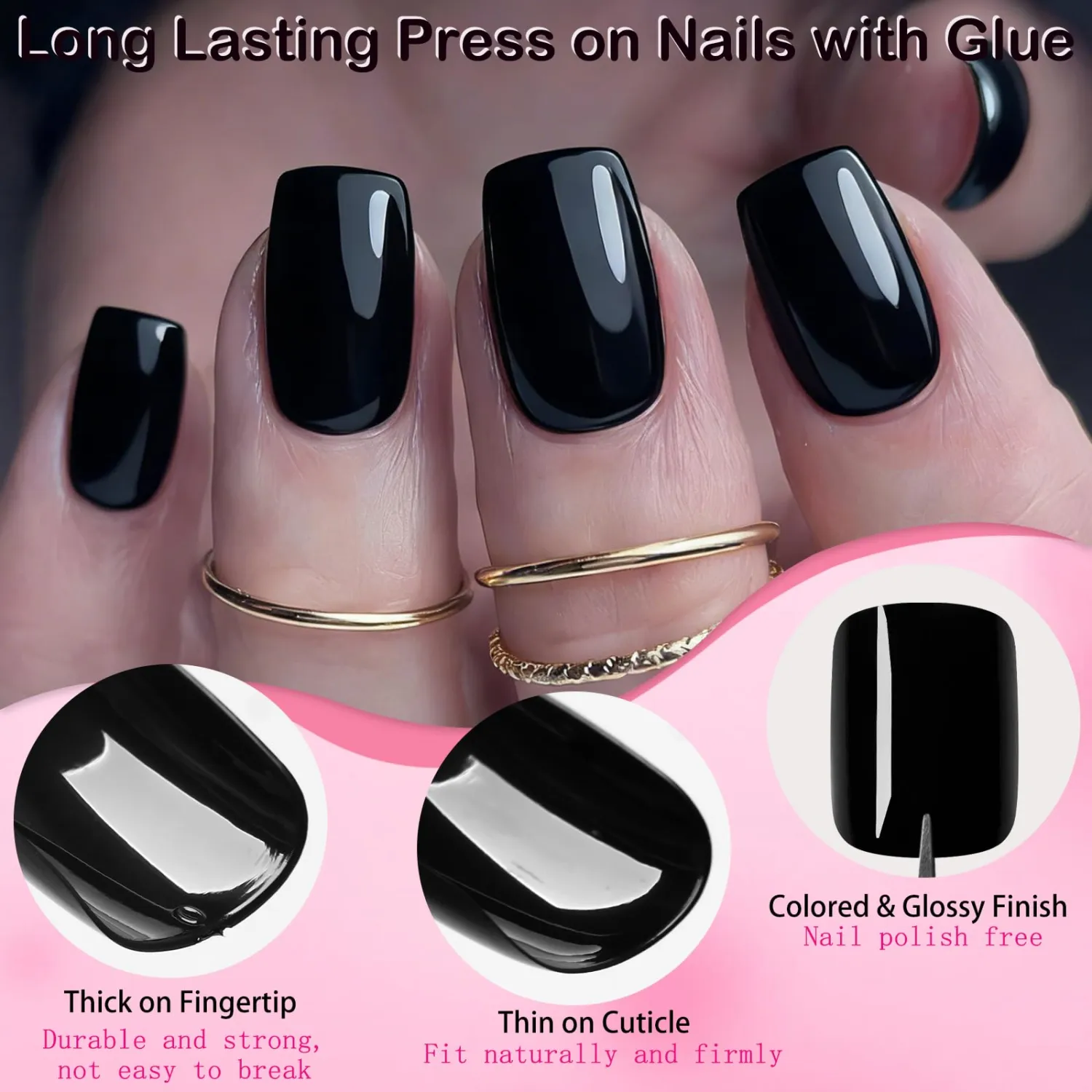240pc Black Press on Nails Short Square Fake Nails with Glue & Tab, Black Nails Press ons Nail Square Glue on Nail Short Medium Presson Acrylic Nail Tips False Stick Nail Women Artificial Fingernail