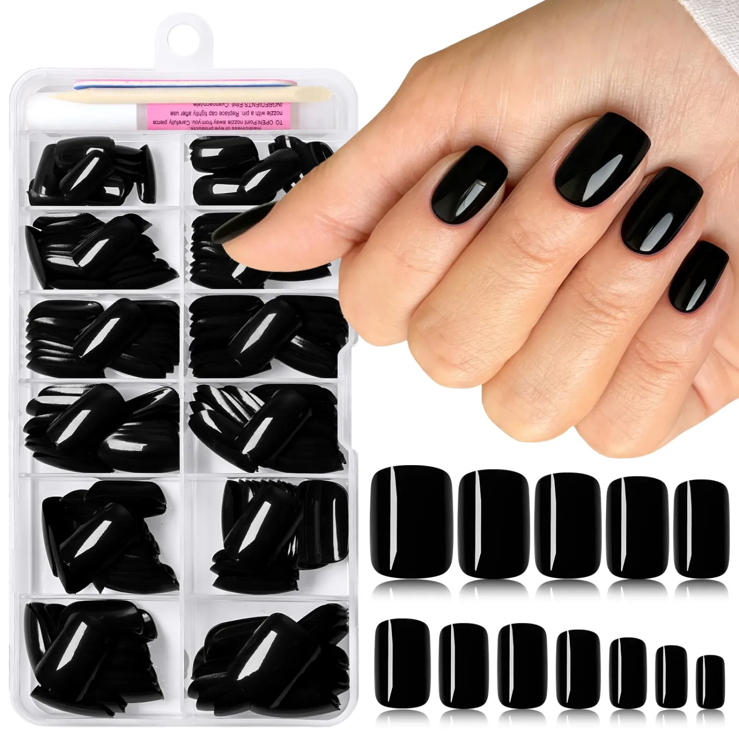240pc Black Press on Nails Short Square Fake Nails with Glue & Tab, Black Nails Press ons Nail Square Glue on Nail Short Medium Presson Acrylic Nail Tips False Stick Nail Women Artificial Fingernail