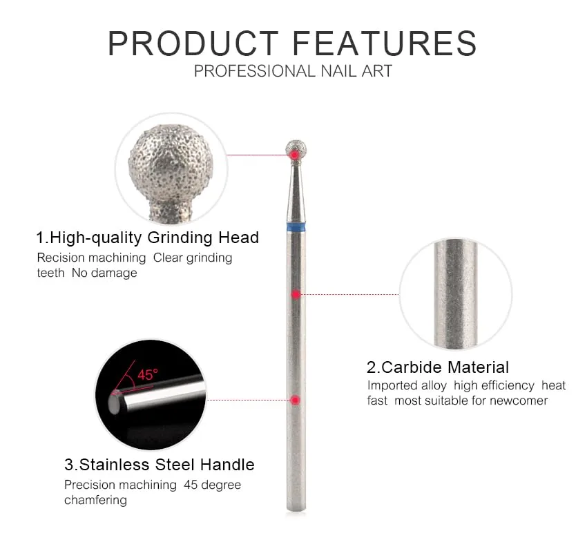 12 Sizes Diamond Ball Shape Nail Drill Bit Nail Polish Gel Removal for Electric Cuticle Clean Nails Drill Manicure Machine Salon Tools Accessories (18D-M)