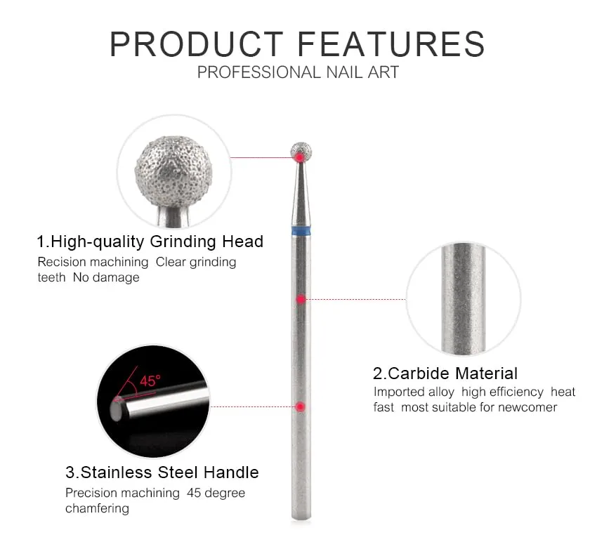 12 Sizes Ball Shape Nail Drill Bit Nail Polish Gel Removal for Electric Nail Drill Manicure Machine Accessories Tool (25D-F)