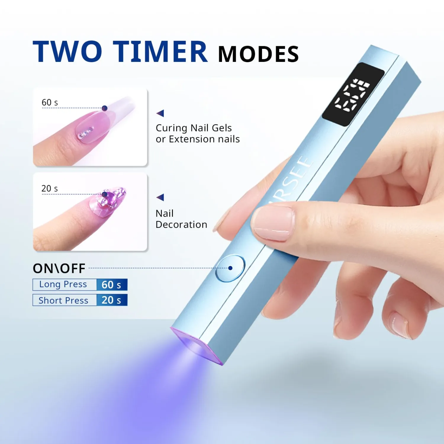 AIRSEE Cordless Mini Nail Lamp,Handheld UV Light with LCD Display for Gel Nails,Rechargeable USB Nail Dryer for Fast Cure,Rhinestone Glue Decoration,Gel Nail Strips at Home,Travel(Blue)